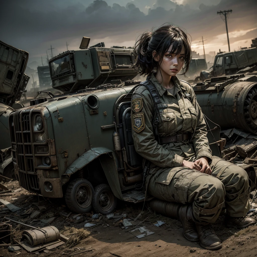 a mysterious and ghostly woman in a worn and torn uniform sitting near the remains of some military vehicles in a post-apocalyptic and dystopic scenario, the woman is framed in the foreground and with a very detailed face