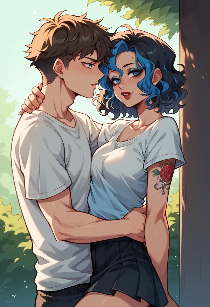 Anime style, 1women, having Standing 69 position sex with a man, seductive expression, bright red lips, sexy tattoo on hand, neck and lap brunette, black and blue multi colored hair, short hair , wavy hair, messy hair, curly hair, black eye liner, blue eye shadows makeup, beautiful detailed blue eye, white t-shirts, black short flowy line skirt, sexy neckline, large neckline, standing in a park