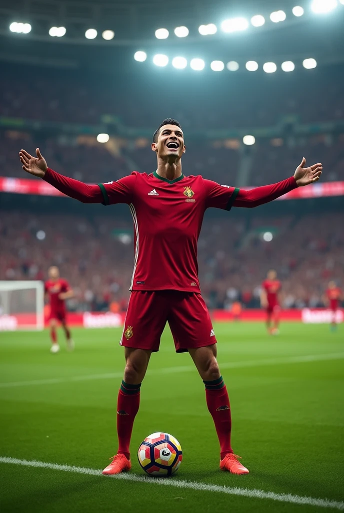  The greatest celebrate of the world "Cristiano Ronaldo". His greatest celebration of all the time "Siuuuuu" on football field.
Generate a picture by this context given by above.