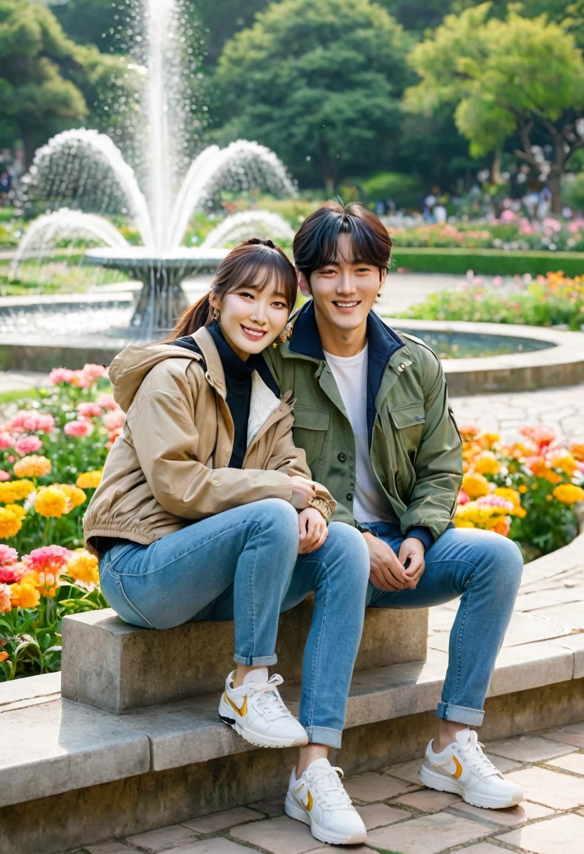Full Body) A pair of Korean men with shoulder length hair in a ponytail wearing a jacket and an Korean woman with long hair with bangs, wearing short jeans, pashmina, sneakers) they are sitting, hugging, smiling, their faces are focused on the camera. in a garden with fountains and flowers, butterflies flutter in the wind, capturing the romance with soft and romantic light reflections that look natural. Full HD 35k resolution., photo