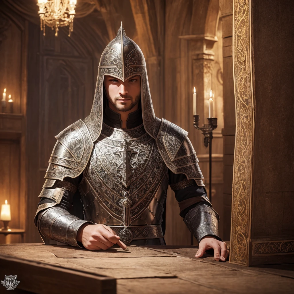 a medieval knight templar, ornate armor, crusader cross pendant, medieval tavern interior, resting, detailed, realistic, (best quality,4k,8k,highres,masterpiece:1.2),ultra-detailed,(realistic,photorealistic,photo-realistic:1.37),HDR,UHD,studio lighting,ultra-fine painting,sharp focus,physically-based rendering,extreme detail description,professional,vivid colors,intricate details,dramatic lighting,cinematic