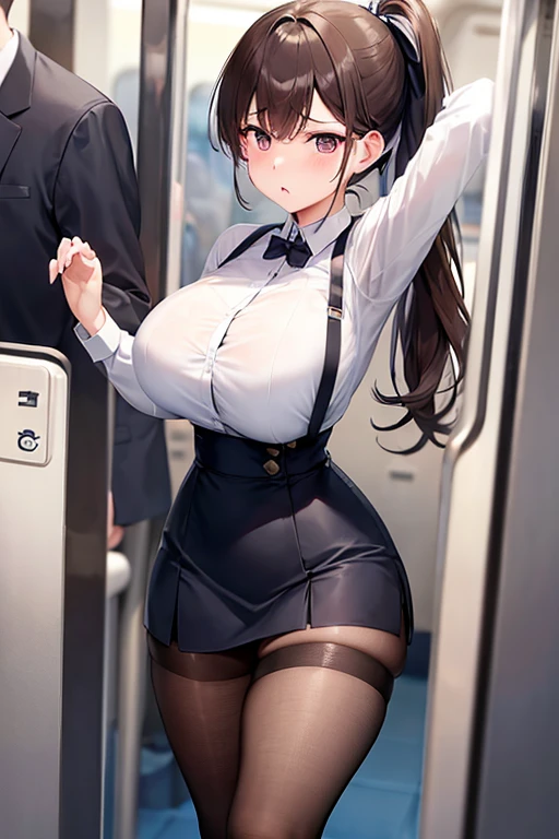 Browsing Caution, ((masterpiece)), ((Highest quality)), (Very detailedな), ((cute)), cute, (Lovely), ((sexy)), (device), ((Very detailed)), 4K, (8K), Highest quality, (beautiful), Anime Style, Dynamic Angle, (((View from below))), Character Focus, ((in the train)), ((2 girls, 2 cute girls)), ((Office Lady Suits)), ((hyper cute face)), beautiful light brown hair, beautiful black eyes, ((beautiful eyes)), Big Breasts, Embarrassing, blush, (((throw, Under the skirt, White panties, panty show))), Shiny, Shine