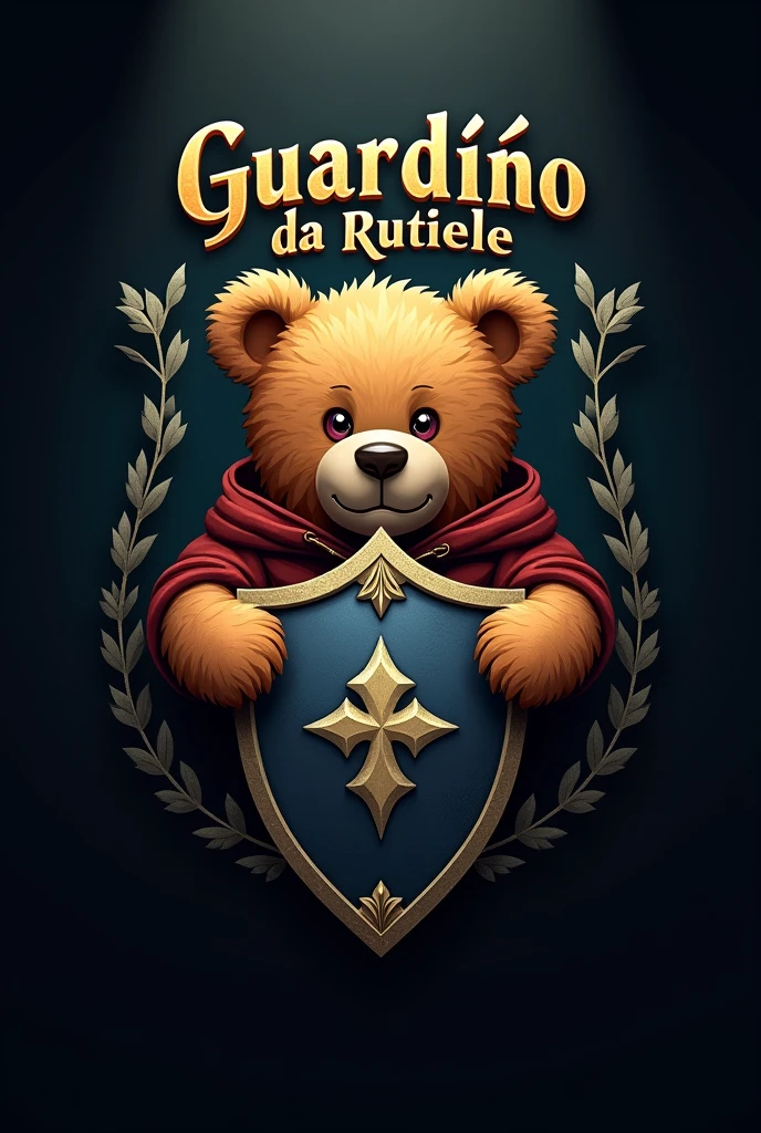 Logo with the name 'Guardião da Rutiele' with a dark background and a teddy bear holding a shield