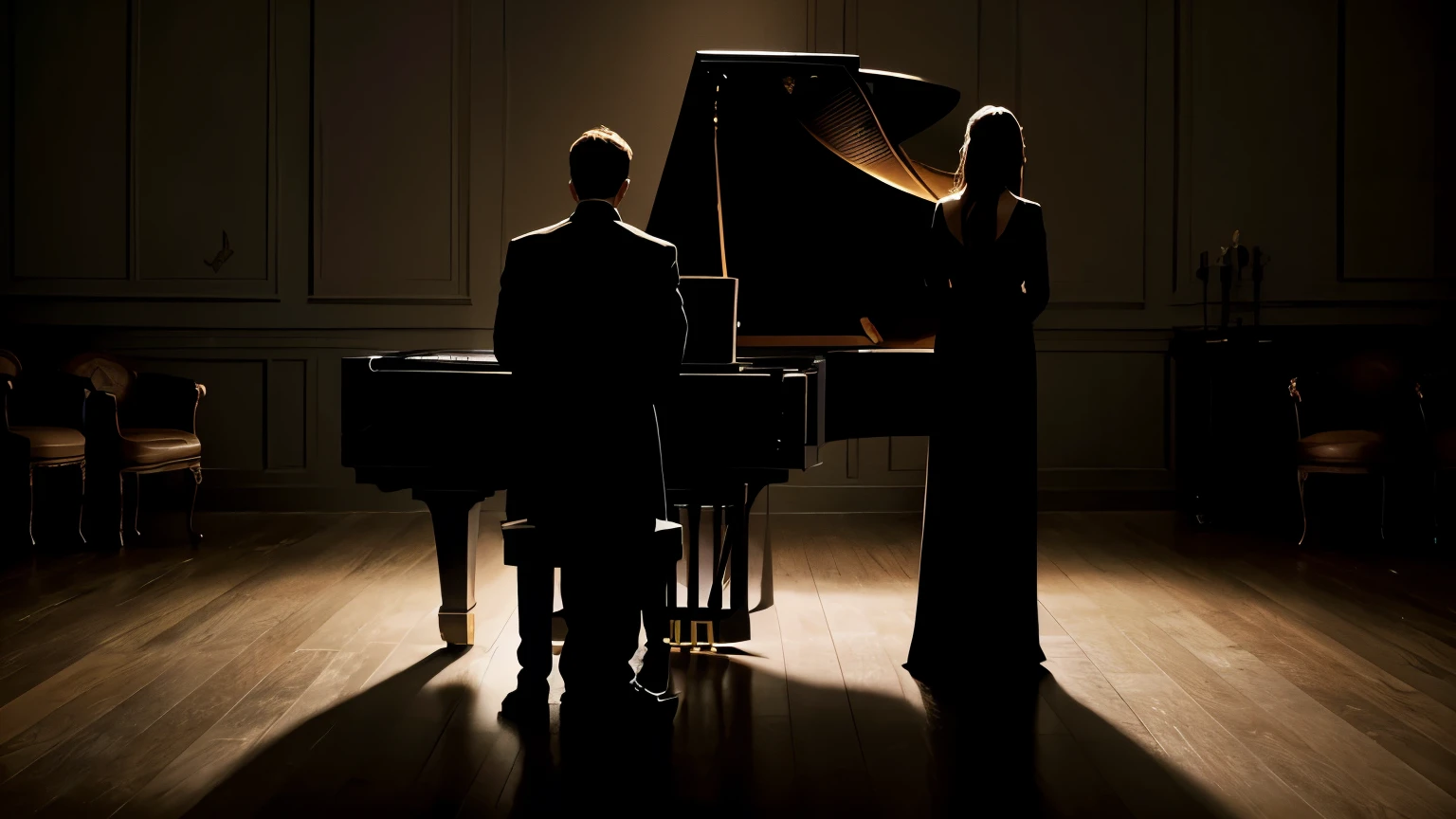 "A young man and woman standing beside a piano in a dark, moody setting. The room is dimly lit with soft, subtle light highlighting their faces and the piano. Shadows surround them, creating a mysterious and intense atmosphere. The piano adds an elegant touch to the scene, while their expressions and posture convey a sense of quiet connection in the dark, dramatic environment."