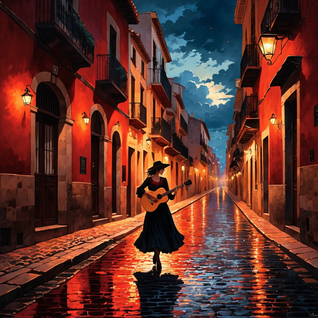 A dramatic and intense scene set on a narrow, cobbled street in a Spanish city at night. The atmosphere is fiery and charged with emotion. A lone figure plays a guitar passionately, with broken strings, under dim city lights. The sky above is blazing with a deep red hue, as if on fire. Shadows dance on the cobblestones, and the echoes of castanets and flamenco rhythms seem to fill the air. The street is lined with old buildings, their windows reflecting the raw energy of the music. The mood is one of deep sorrow mixed with fierce, unyielding passion
