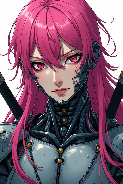 un cyborg humanoïde masculin avec une armature en metal et le visage a l'air libre avec des cheveux rose mis long avec des cicatrise sur le visage dans un style d'animé
Il faut qu'il est un regard de tueur
Un aire nonchalant et manipulateur
Il a 3 sabres