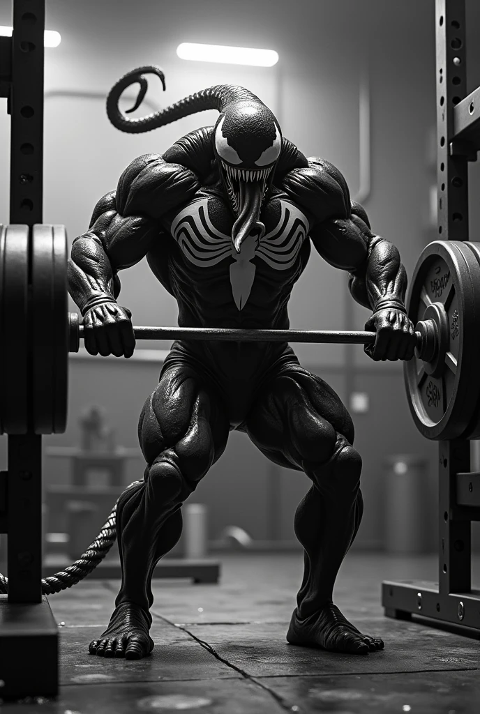 Venom sticking out his tongue while working out at the gym in black and white