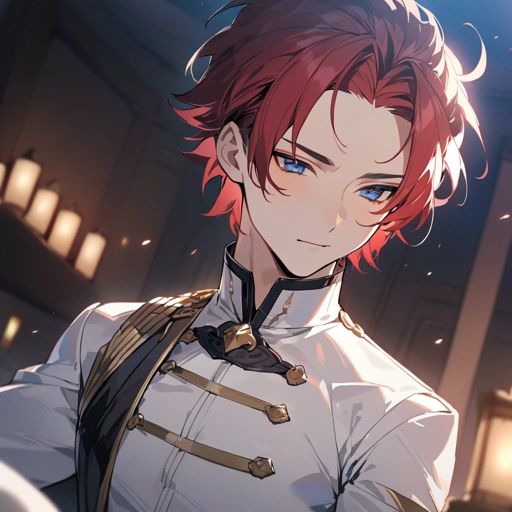 ((1 boy)), High quality, hd, 4k, Handsome male, 1male, red hair, dark blue eyes, deep blue eyes, short hair, very short hair, hair is not on his forehead, clear forehead, wearing white noble clothes 