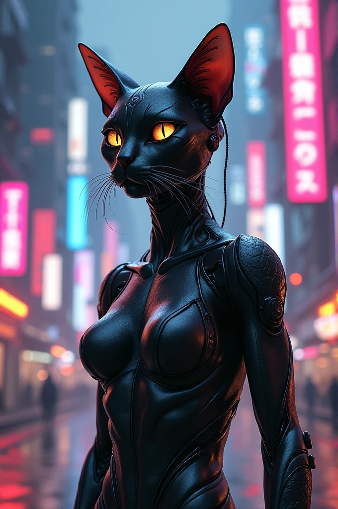 Humanoid cat , cyberpunk style, posing by Photo during the night, in a futuristic city