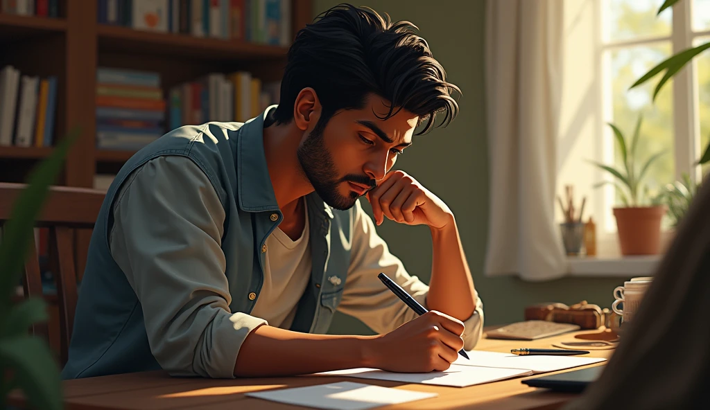 Ramesh sitting thoughtfully with a pen in hand, looking inspired and ready to pour his feelings into writing."