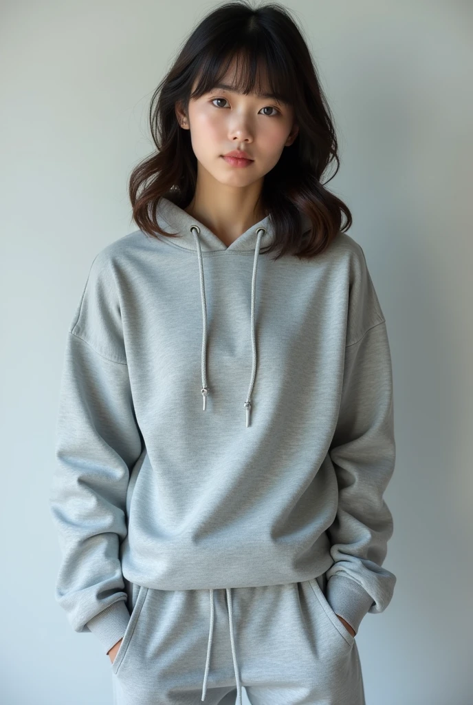 beautiful girl, American Chinese, with blue eyes and bangs, medium length hair, 22, gray sports suit, consisting of a hooded sweatshirt and sweatpants. The hoodie looks voluminous, and the pants have a loose fit. The fabric of the suit feels soft and warm, suitable for everyday wear or sports..