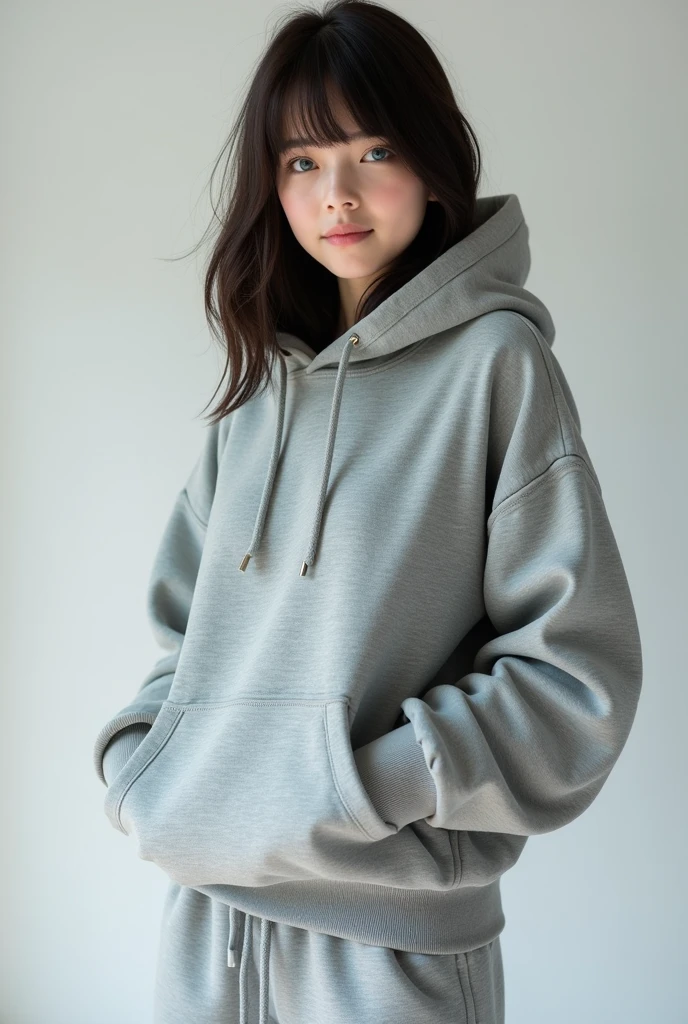 beautiful girl, American Chinese, with blue eyes and bangs, medium length hair, 22, gray sports suit, consisting of a hooded sweatshirt and sweatpants. The hoodie looks voluminous, and the pants have a loose fit. The fabric of the suit feels soft and warm, suitable for everyday wear or sports..