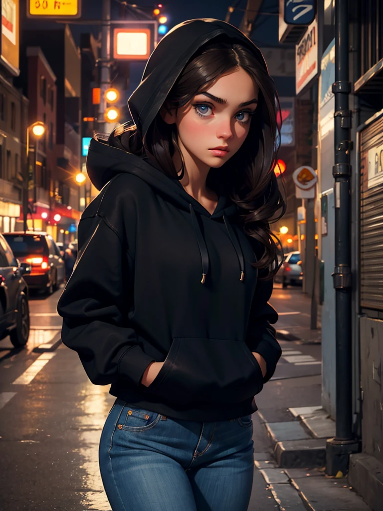 a pretty brunette girl, 22 years old, wearing a black hoodie and blue jeans, walking on an urban street, pensive and slightly sad expression, detailed facial features, detailed eyes and lips, complex urban background, whimsical lighting, Cinematic composition, Realistic photo, high quality, 8k, ultra detailed