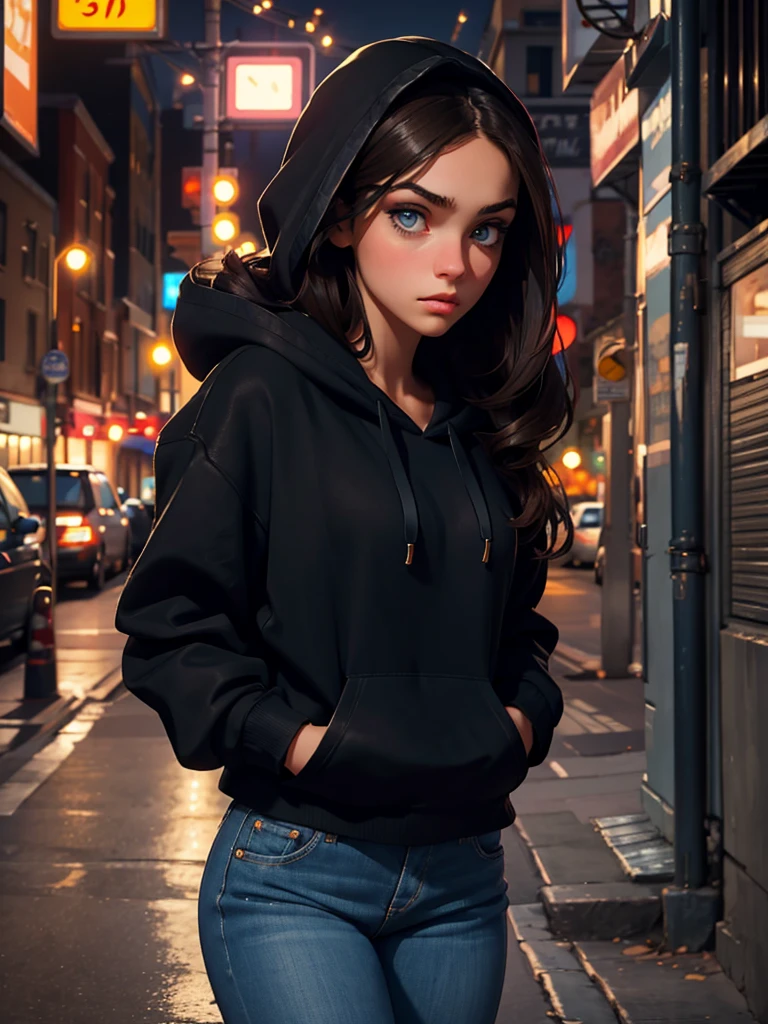 a pretty brunette girl, 22 years old, wearing a black hoodie and blue jeans, walking on an urban street, pensive and slightly sad expression, detailed facial features, detailed eyes and lips, complex urban background, whimsical lighting, Cinematic composition, Realistic photo, high quality, 8k, ultra detailed