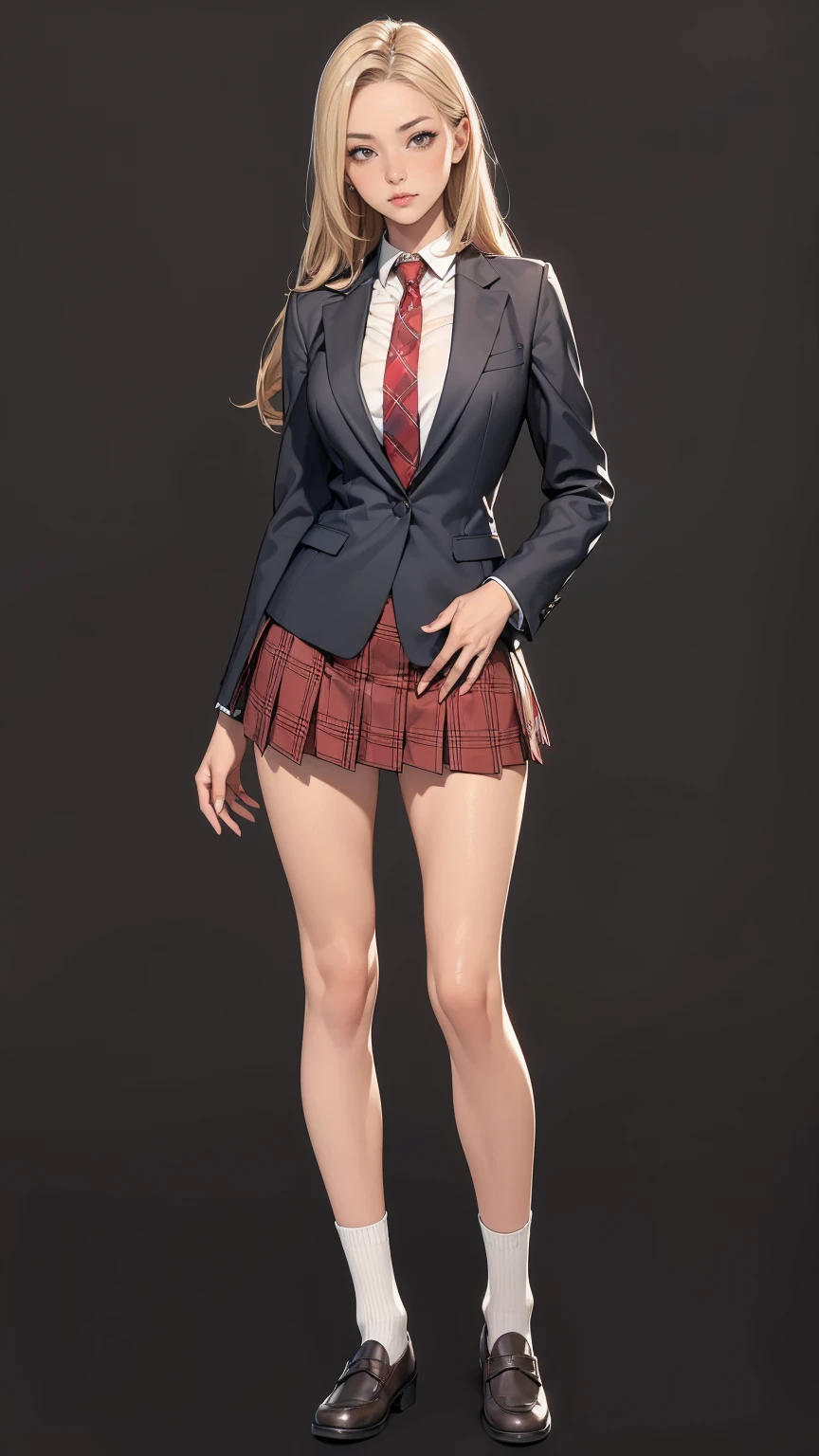 ((best quality,4k,highres,masterpiece:1.2)),((character concept art)), 1 female, teenage female, -yeld As beauty queen, ((blonde shoulder-length hair)), bleached hair, (tan skin colour), ultra finely detailed eyes (brown eyes colour), confident, beautiful, , slim body build, ((intricate detail)), super finely detailed hands, ultra finely detailed fingers(((ten fingers))), wearing red velvet school blazer over white long sleeves school shirt with loosened necktie, plaid mini school skirt, black school sock, and black school loafers, (standing provocatively), (full body showcase), (show full body), (no logos on background), (no logo), ((plain background)), ((plain background)), (((empty background)))