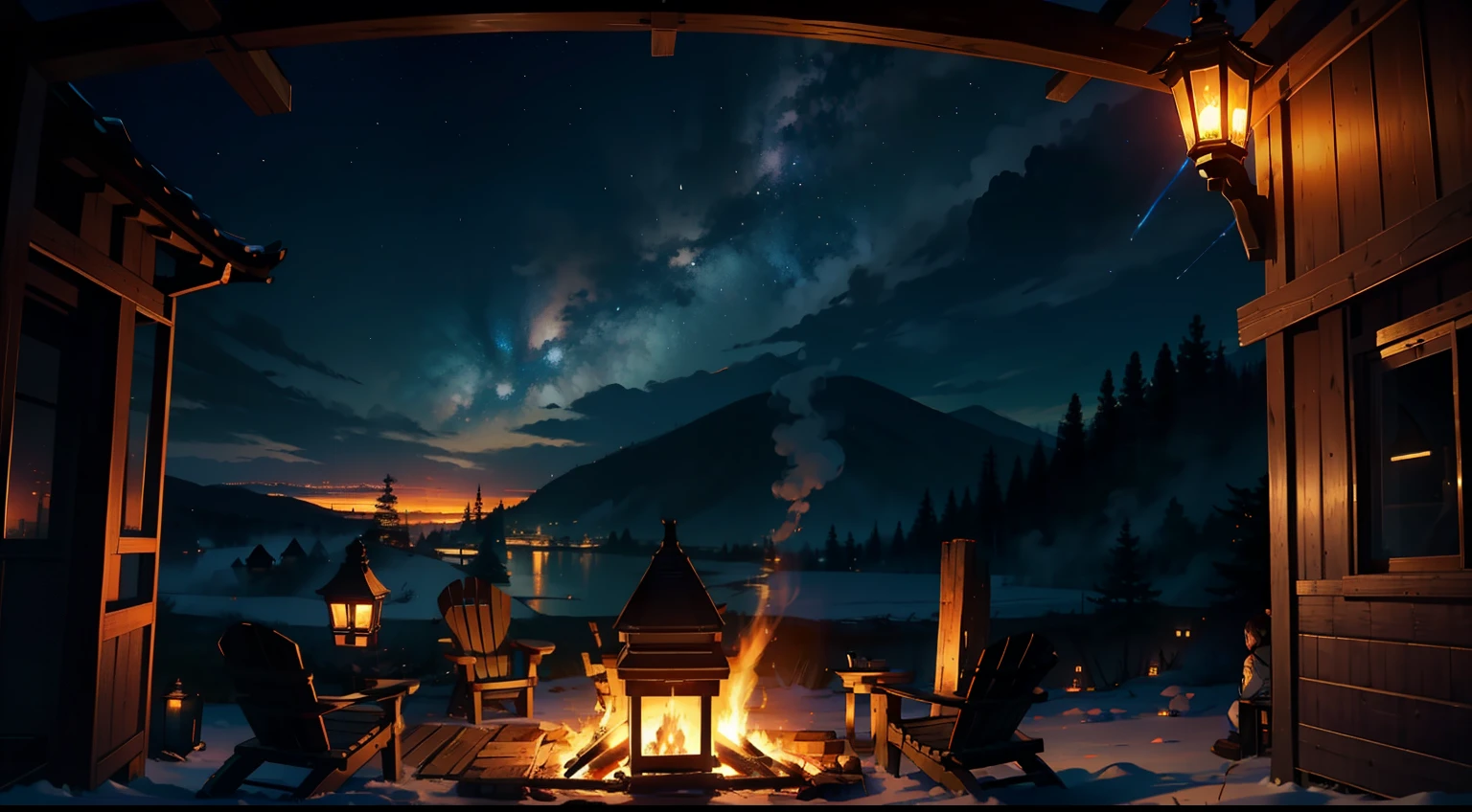 (masterpiece), (Highest quality), 8k, Detailed, 非常にDetailed, Villagers light the fire, (Rising Smoke), Entwined shadows, ((Beautiful views)), Night Sky, (Warmth),camp、Northern Europe
