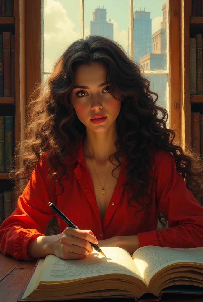 beautiful woman, studying in a library, a red shirt , long curly hair, indoors, soft lighting, city skyline in the background, window receiving sunlight, , realistic, intricate details , warm colors, Greg Rutkowski, Alphonse Mucha