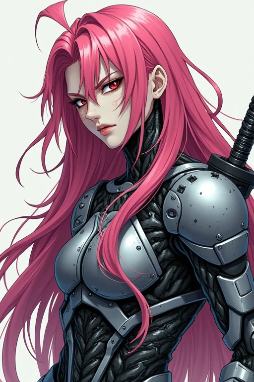 un cyborg humanoïde masculin avec une armature en metal et le visage a l'air libre avec des cheveux rose mis long avec des cicatrise sur le visage dans un style d'animé
Il faut qu'il est un regard de tueur
Un aire nonchalant et manipulateur
Il a 3 sabres