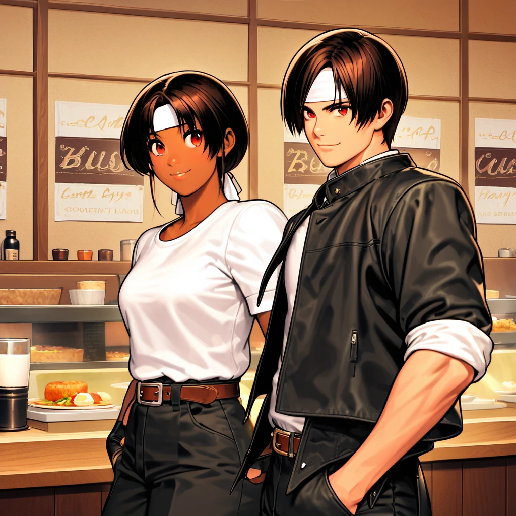 Single,Female,Short height,Dark hair,Dark skin,Red eyes,(black jacket with rolled up arms),Fingerless gloves,White T-shirt,(white headband),Black pants,White shoes,Brown belt,Cute,Indoor-oriented,Charming,Finest,Neat face,Neat eyes,Confident and smiling, Restaurant eating food,busy