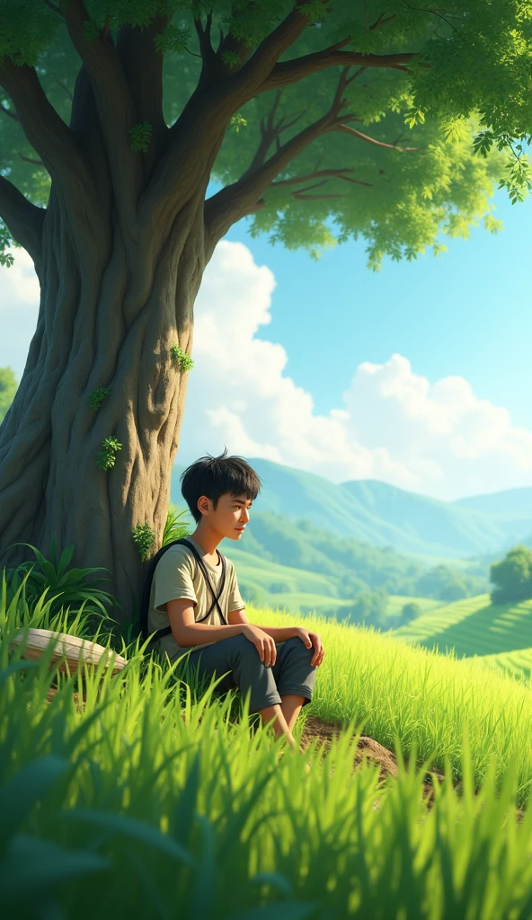 The farmer named Nam, 20 years old, wearing farmer's clothes, sits under a large tree eating lunch, looking tired.
, the landscape of rice fields surrounds him. Hình 3d