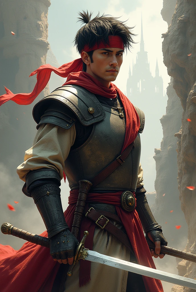 Man with short, black hair , wearing light armor,with a red headband , holding an epée.