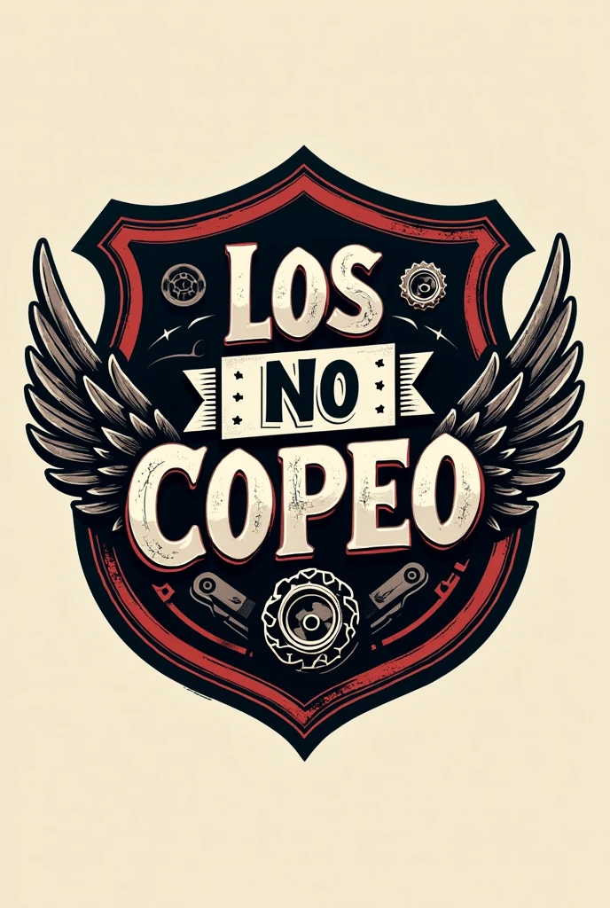 "A logo for a biker brand called 'Los No Copeo'. The design should include a band or shield with the name 'Los No Copeo' in the center, in a strong and custom typeface. Surrounding the text, integrate graphic elements like motorcycle wheels, stylized chains or wings. The style should be robust and bold, with a touch of wear or metallic effects, to convey a sense of durability and adventurous spirit on the road."