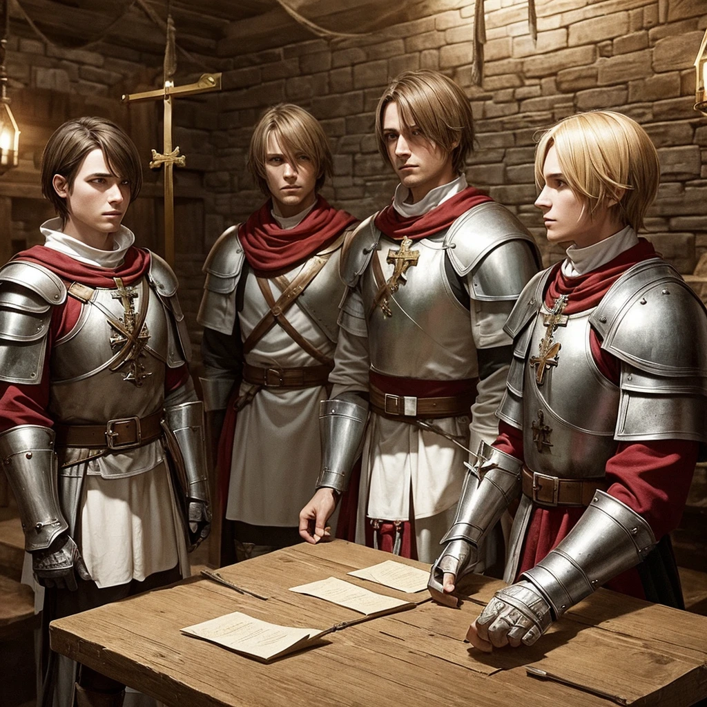 Templars with their armor and their crosses hanging from their necks in a medieval tavern resting