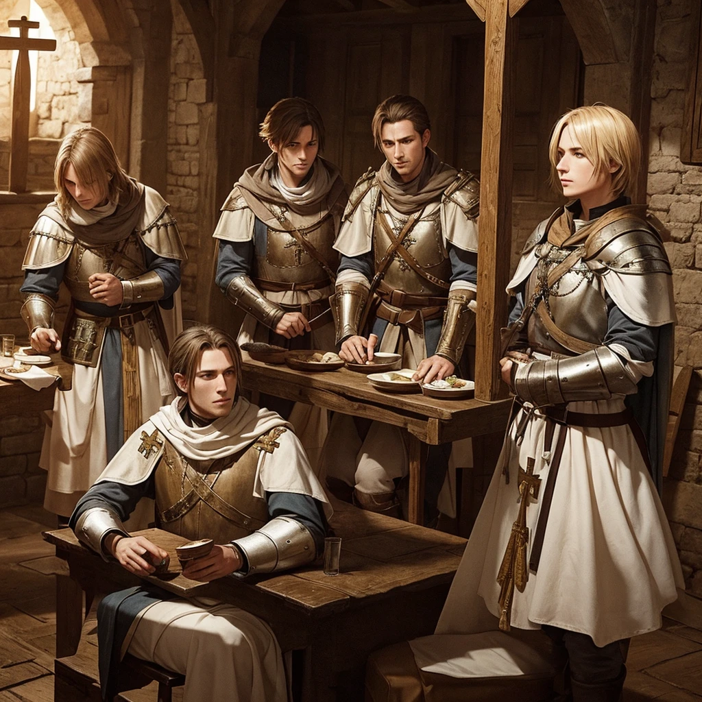 Templars with their armor and their crosses hanging from their necks in a medieval tavern resting