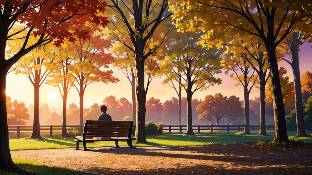 A tranquil autumn park at sunset, where golden leaves carpet the ground around a large, old oak tree with wide, outstretched branches. Beneath the tree, a worn wooden bench sits, with the faint imprint of two people who once shared it. The warm glow of the setting sun casts long shadows, highlighting a subtle pair of footsteps leading away from the bench, symbolizing a love that began and ended in this serene spot. The atmosphere is bittersweet, capturing the quiet beauty of a place where a couple once sat together, now separated by time.