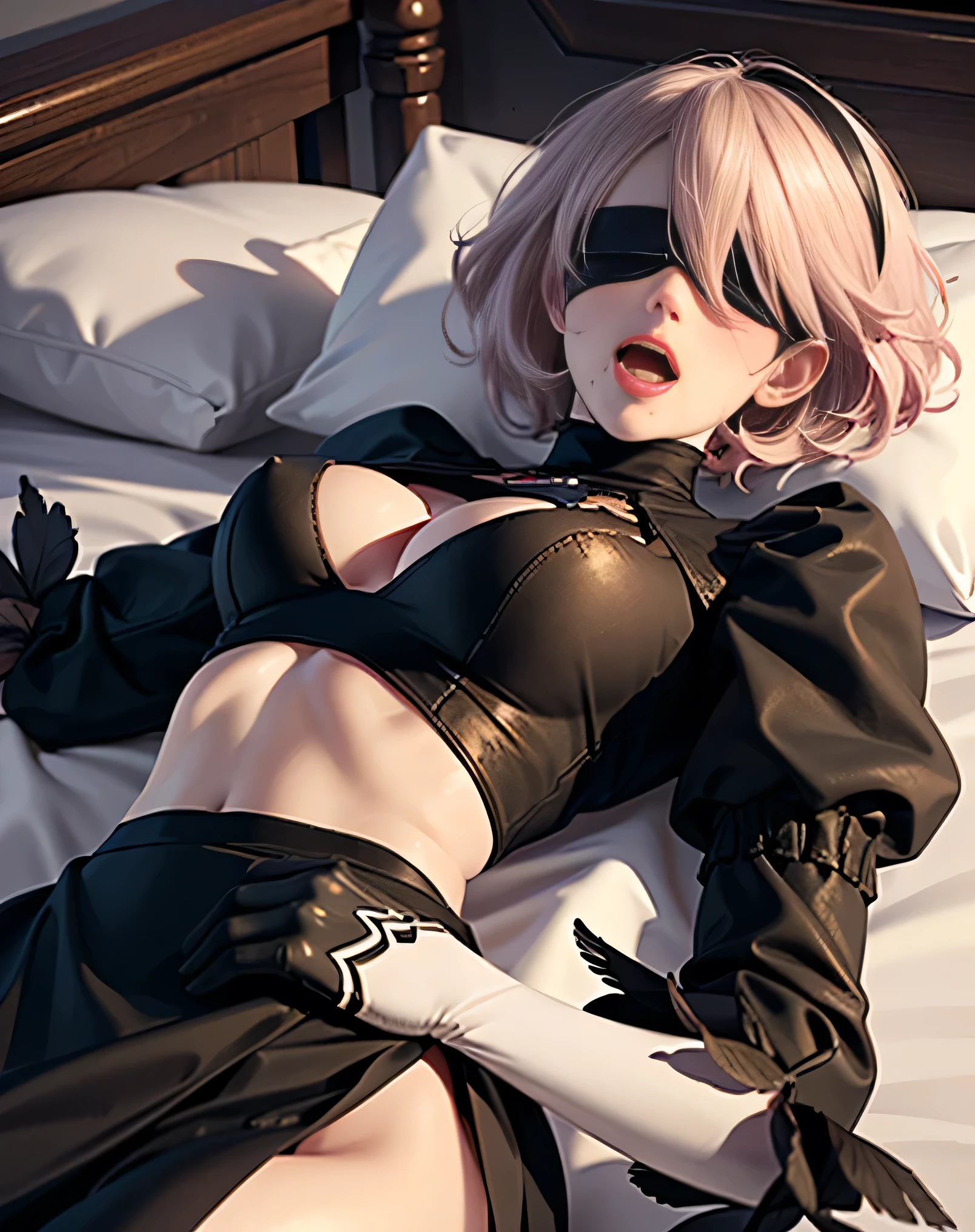 (photorealistic:1.6),(High resolution:1.6),(solo, one woman:1.5),(Thin woman:1.2),(big eyes),(large eyes),chuuChloe,(Personality is lewd),(Slender Body),(amazing orgasm),(Ecstasy:1.3),(masochistic),(being sexually tortured),(Fainted face:1.5),(absentminded:1.5),(lie on back in bed:1.5),(be exhausted:1.3),(Expressions of pain),(Reached sexual climax:1.5),(ahegao:1.5),hm2b, black blindfold, covered eyes, mole under mouth, clothing cutout, long sleeves, puffy sleeves, juliet sleeves, feather trim, black thighhighs, black gloves, black dress, black skirt,(Blushing:1.3),(Exhausted),(big breasts),(body feels excited and red:1.3),(Scream:1.3)
