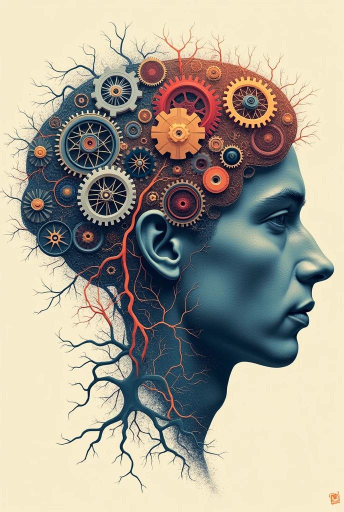 Poster of a man's face with typographic illustrations, intricate gears, interconnected neurons and elements that symbolize neurology, Create brain shapes, side view of face shape, 