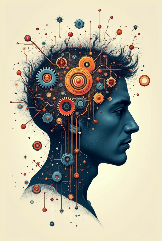 Poster of a man's face with typographic illustrations, intricate gears, interconnected neurons and elements that symbolize neurology, Create brain shapes, side view of face shape,