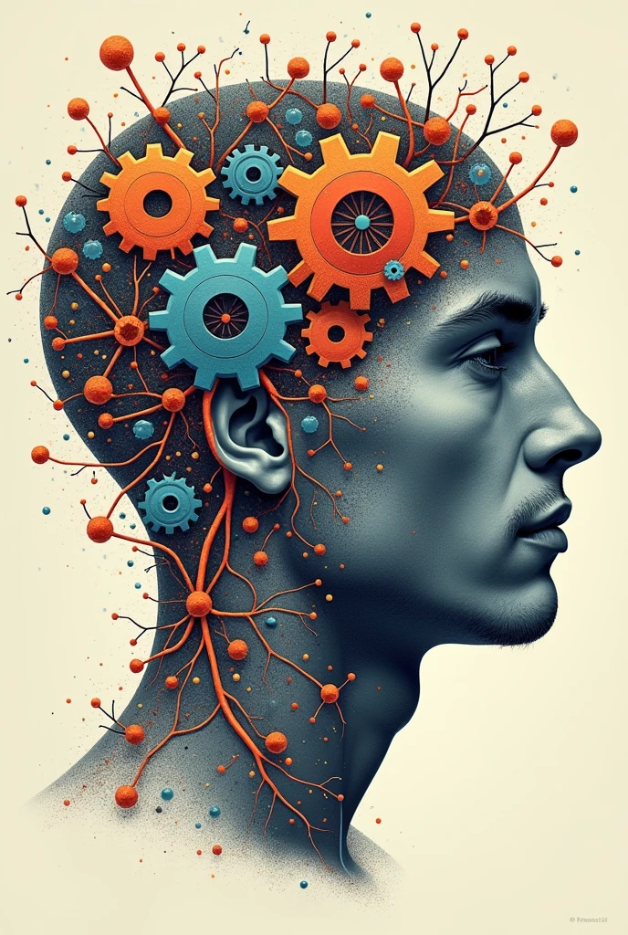 Poster of a man's face with typographic illustrations, intricate gears, interconnected neurons and elements that symbolize neurology, Create brain shapes, side view of face shape,