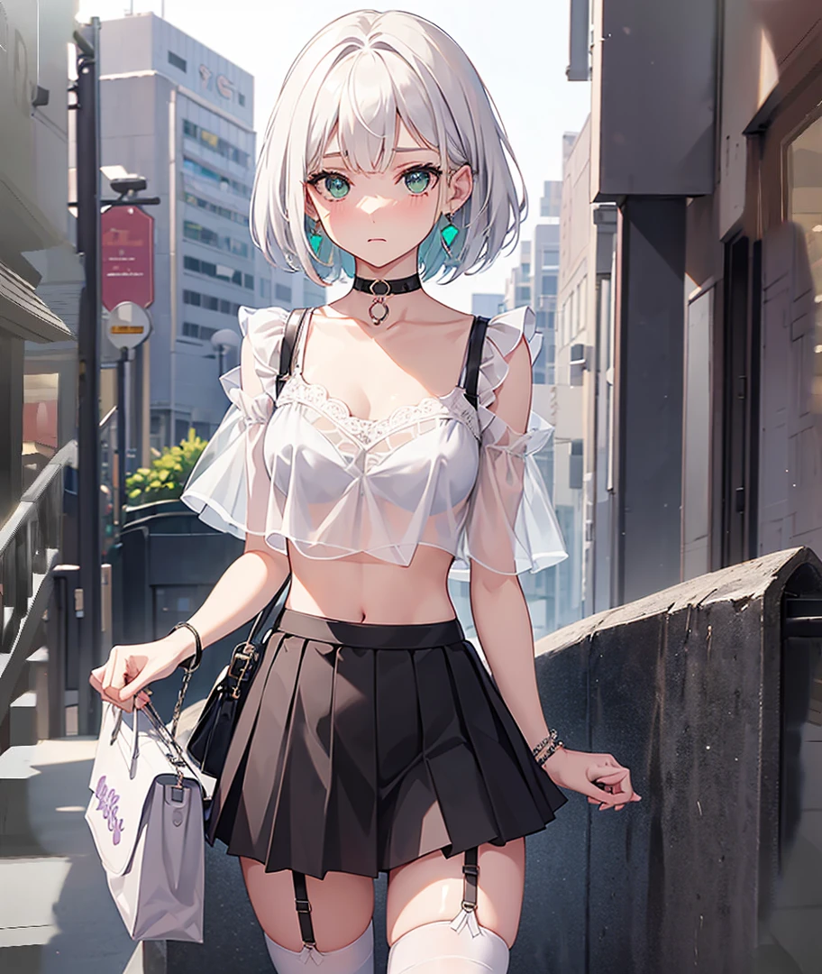 girl, bag, bangs, black choker, blush, bracelet, breasts, building, choker, closed mouth, collarbone, cowboy shot, crop top, earrings, garter straps, emerald eyes, hand up, jewelry, looking at viewer, midriff, miniskirt, navel, outdoors, parted bangs, pleated skirt, purple skirt, railing, see-through, shirt, short hair, short sleeves, shoulder bag, skindentation, skirt, solo, standing, thighhighs, white hair, white shirt, white thighhighs, green eyes, emerald eyes