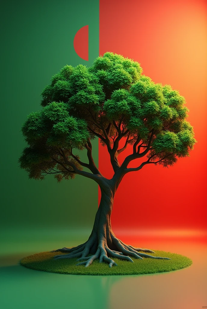 3d animated tree, background color will be Bangladesh flag colour green, red mixed. The size and quality of the wallpaper have to be for WhatsApp profile photo