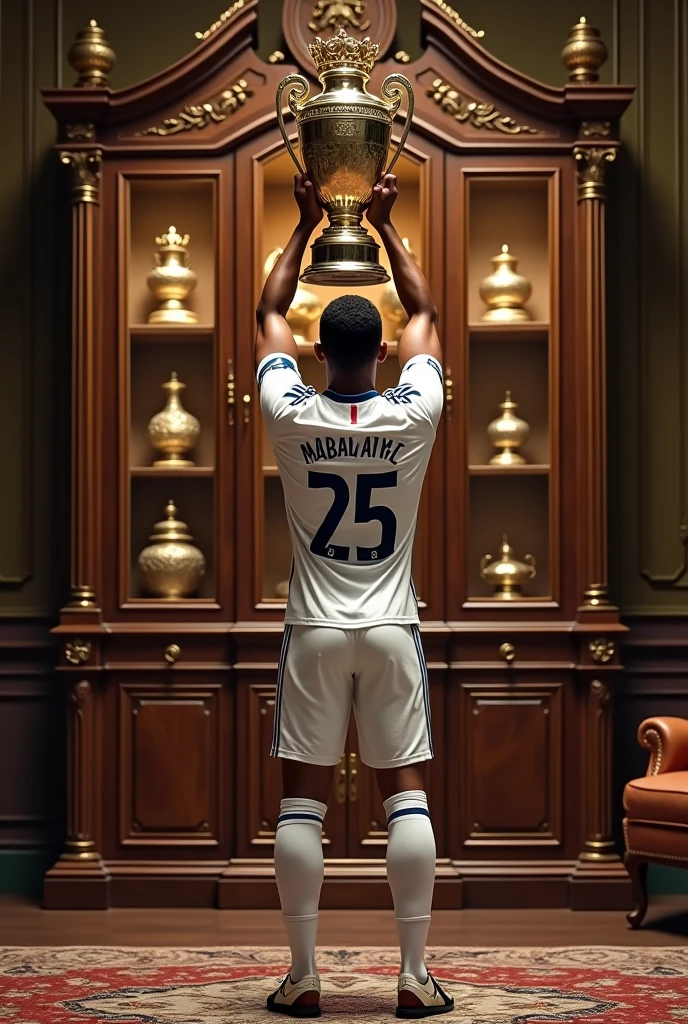 Mbappe with a Real Madrid jersey, brings the Super Cup trophy to a cupboard