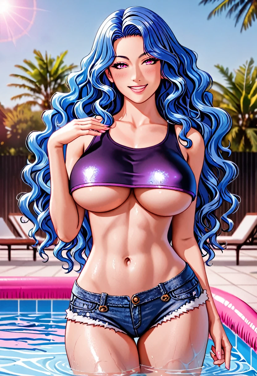 Anime style, source_anime, ((large round breasts)), (1 Girl), ((blue hair, medium and wavy hair)), pink eyes, double eyelids, light effect in the eyes, wide hips, naughty smile, ((hourglass hot perfect sexy body)), solo, best quality, masterpiece, portrait, flirting with viewer, sensual pose, detailed, perfect anatomy, detailed art, high definition, 4k , high resolution, in pool, ((crop top open underboob)), ((mini-shorts)),