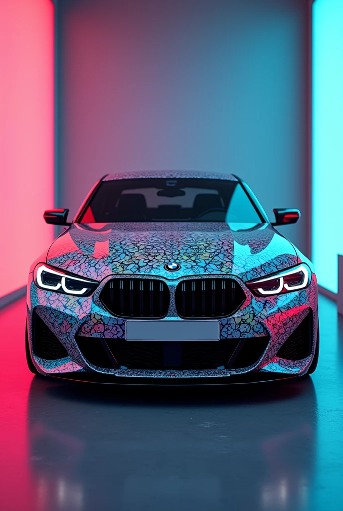 Create a BMW 1 in cool, colorful, very many patterns with black paint in the license plate stands. "Henfri"