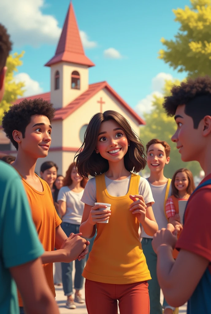Young people helping other people in need on a church mission, 3D drawing