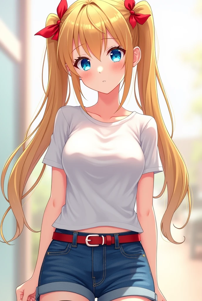 Extraordinary sexy beauty、beautifully優しく明るい表情、Sexy and refreshing look、Perfect beautiful pretty face、Long bangs between the eyes,、Super long bright blonde straight hair、Twin tails、Red ribbon in hair、Beautiful expression、very cute、beautifully、Sexy young tiny woman、Such a perfect and beautiful pretty face、Big, sparkling, light blue eyes、15-year-old student、blonde、Young Western Woman、Beautiful white glowing skin、White T-shirt、just_shoulder、 Shorts in blue jeans、Belt Red、Knee socks、