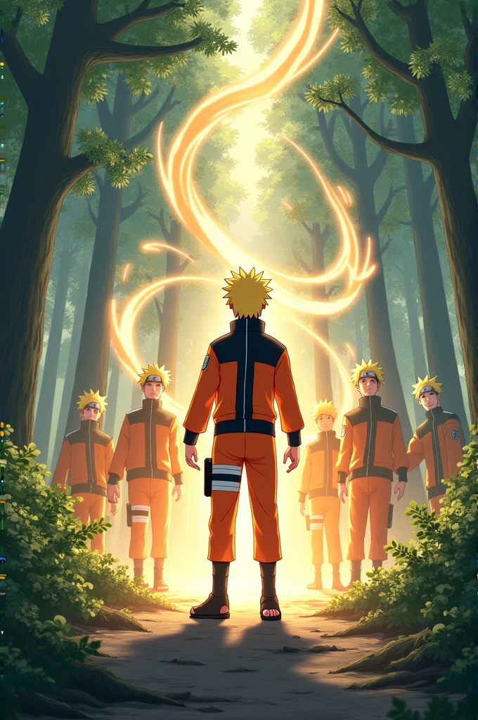 (masterpiece:1.2) (best quality) (detailed) (intricate) (8k) (HDR) (wallpaper) (cinematic lighting) (sharp focus), Naruto standing on a huge tree branch, multiple Naruto's