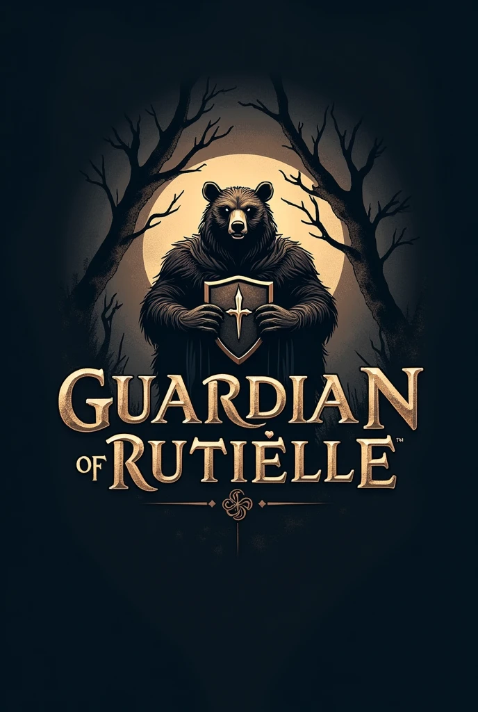 Logo with the name Guardian of Rutielle with a dark background and a bear holding a shield