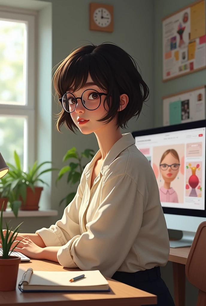 a girl, short, with short dark hair. pale skin and who wears glasses and works as a Graphic Designer.