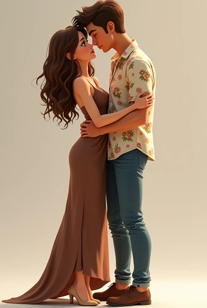 A white girl with wavy, light brown hair that's very long, reaching her butt., Wearing a long brown dress with thin straps and beige high heels, The jump is not thin. Green eyes almost brown hugging a boy one finger taller than her with light brown skin, short brown hair and brown eyes, medium nose, Floral shirt blue jeans, They are kissing, his hand on her waist squeezing tightly and hers on his neck holding the spot