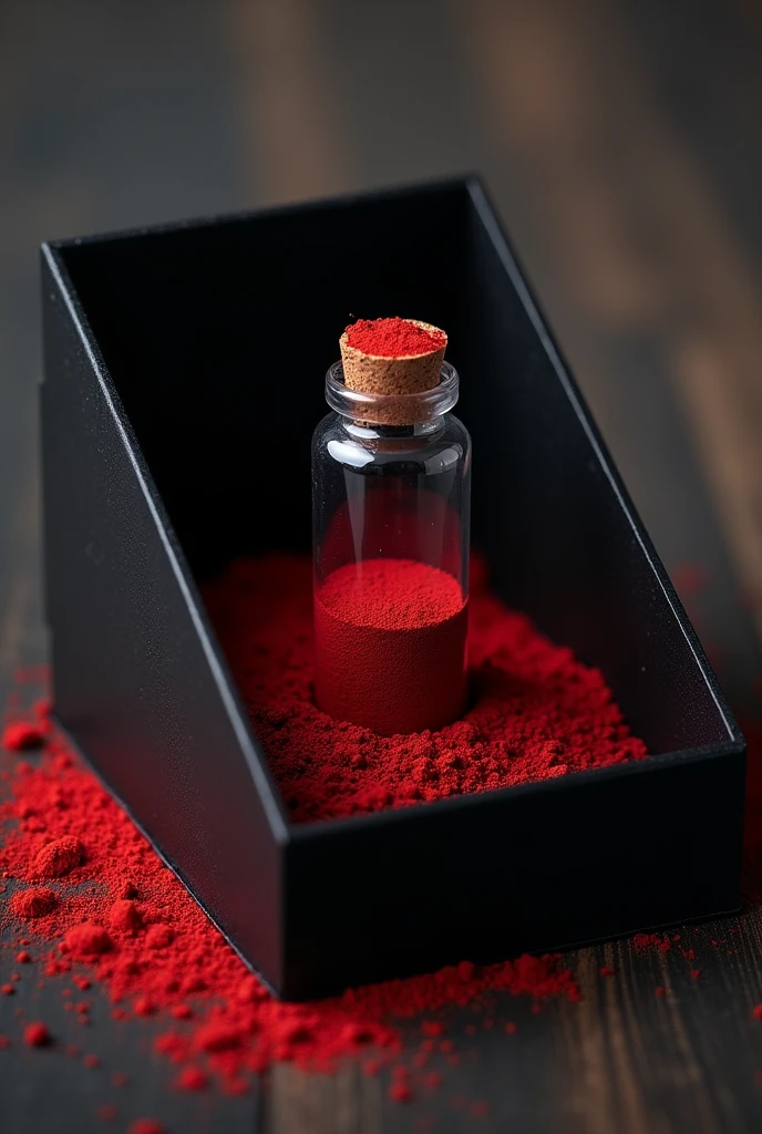 vial, red dust in vial, vial in black plastic box, 