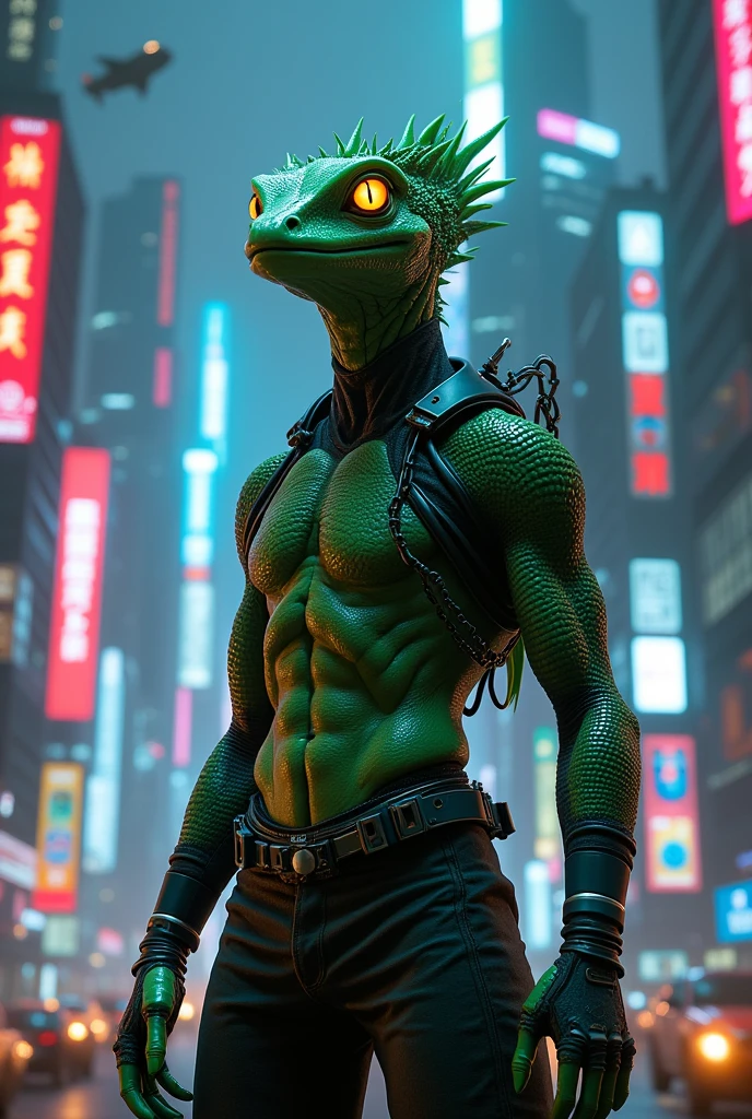 Humanoid lizzard, cyberpunk style, posing by Photo during the night, in a futuristic city