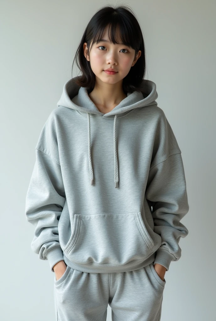 beautiful girl, American Chinese, with blue eyes and bangs, not a skinny girl, medium length hair, 22, gray sports suit, consisting of a hooded sweatshirt and sweatpants. The hoodie looks voluminous, and the pants have a loose fit. The fabric of the suit feels soft and warm, suitable for everyday wear or sports..