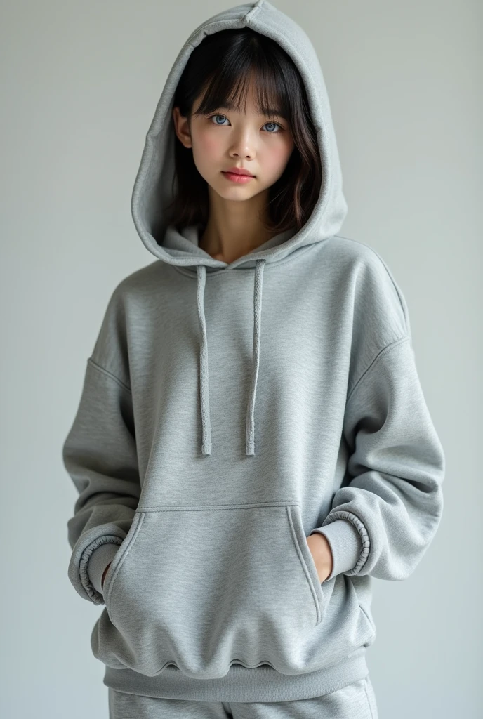 beautiful girl, American Chinese, with blue eyes and bangs, not a skinny girl,  medium length hair, 22, gray sports suit, consisting of a hooded sweatshirt and sweatpants. The hoodie looks voluminous, and the pants have a loose fit. The fabric of the suit feels soft and warm, suitable for everyday wear or sports..