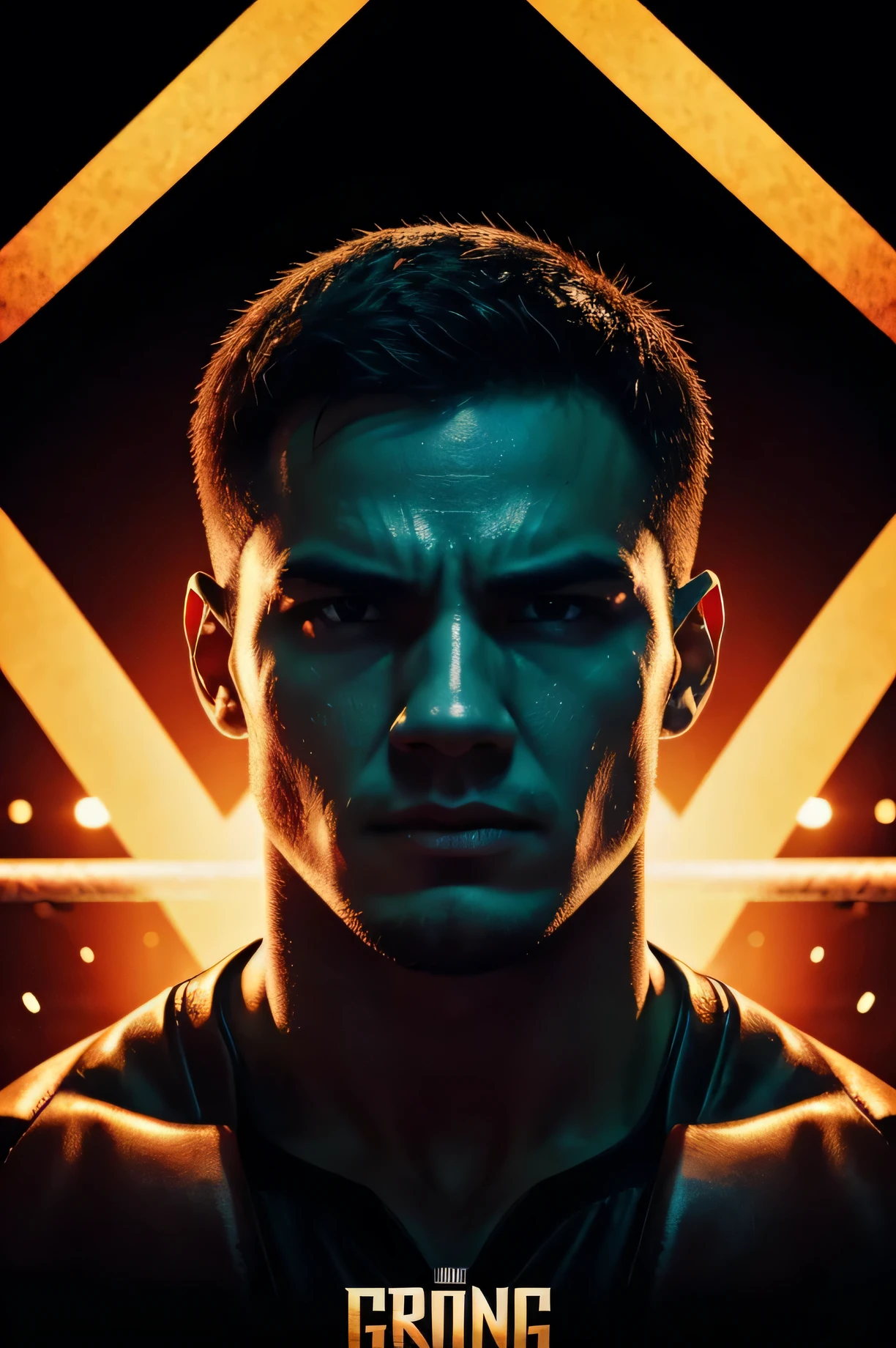 Intensely the film, a captivating poster. The composition exudes cinematic lighting and color grading. A boxing fight scene in an octagon, a young man with boxing gloves and a cape, with a sweaty shirt and a tired expression. A bright and hopeful atmosphere. Inspired by the conceptual works of Maciej Kuciara, Jama Jurabayev e Wojtek Fus, this poster incorporates a rich gradation of cinematic colors.