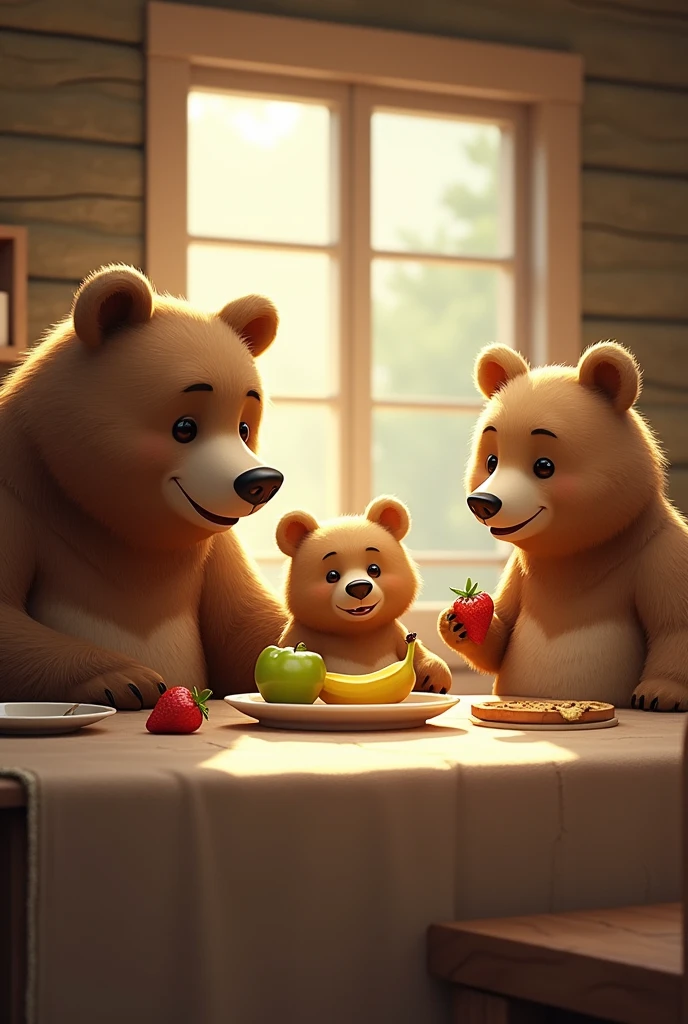 3 bears eating in the dinning table.
The dad bear sitting eating a banana.
The mom bear sitting eating an green apple.
The kid bear sitting eatind a strawberry.
Make the dad and the mom different.